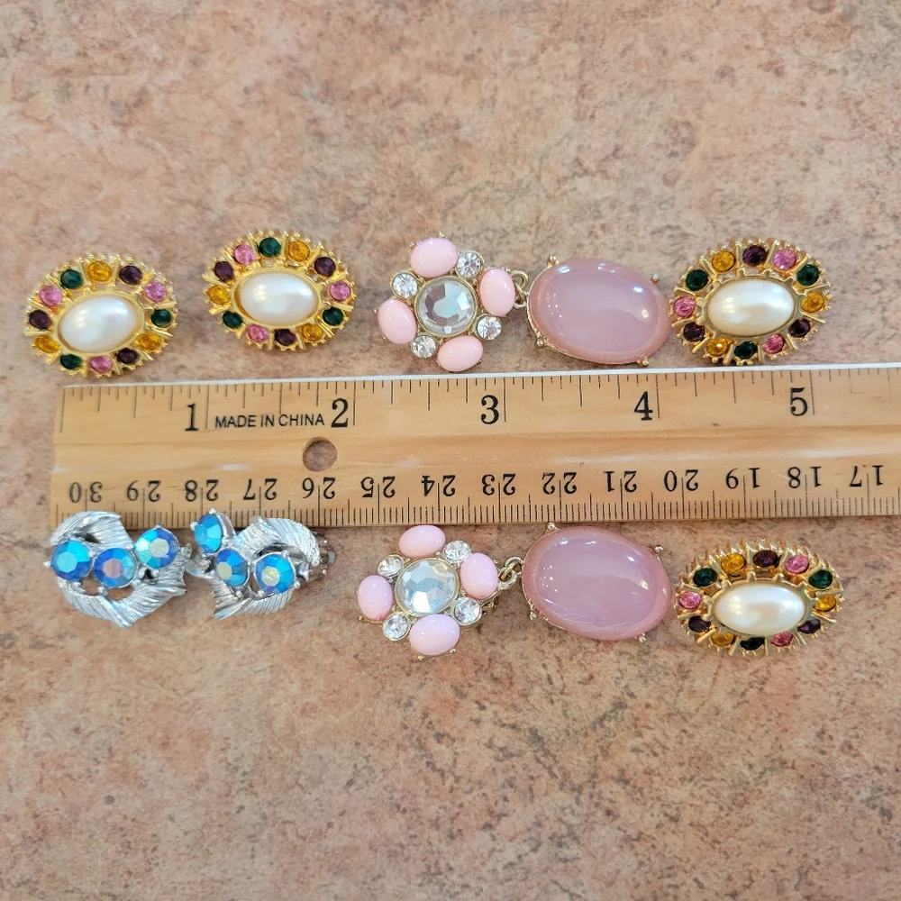 Contemporary Clip-On Earrings ~ 4pr ~ Rhinestones ~ Craft ~ Re-purpose ~ Upcycle